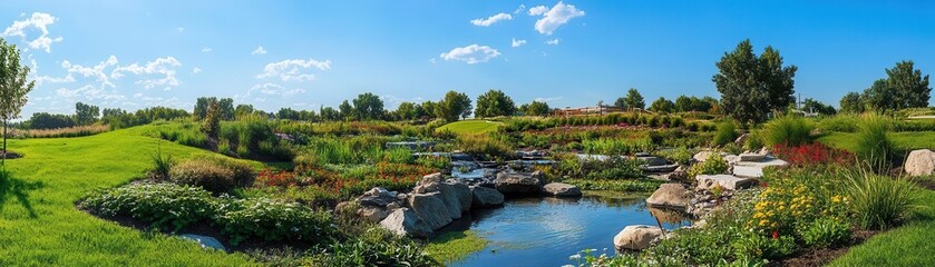 Serene landscape with a winding stream, lush greenery, and blue sky