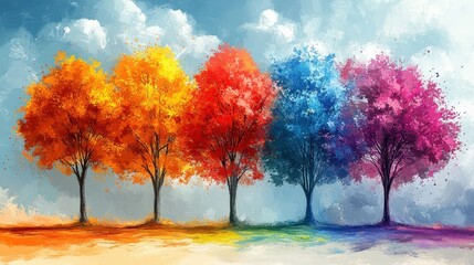 Colorful trees with vibrant splashes of paint, showcasing artistic beauty in nature. Ideal for decorative purposes.