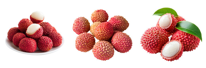 Set of fresh lychee fruits with vibrant red shells isolated on a transparent background