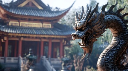 Fototapeta premium A striking dragon sculpture stands guard before an ornate temple, embodying power and heritage in intricate design and cultural significance.