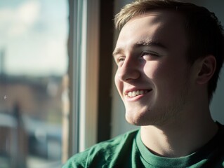 Young man smiling and looking out the window