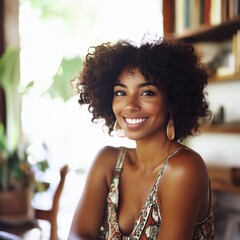 Smiling woman with curly hair in a floral dress