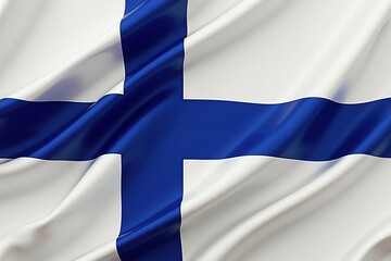 Finnish flag waving in the wind: blue cross on white background symbolizing finland's heritage.