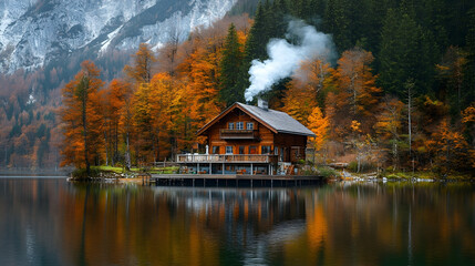 Fototapeta premium A cozy cabin with smoke rising from its chimney sits on the edge of a tranquil lake surrounded by autumn foliage and snow-capped mountains.