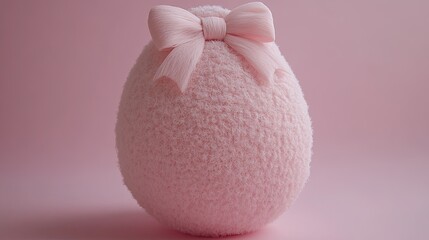 A plush Easter egg with various textures and a plush bow on the egg on a solid colour background, background blurry