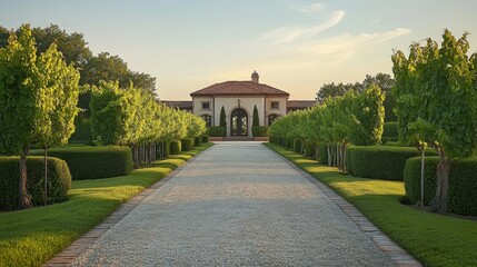 Naklejka premium Vineyard estate with driveway lined by vine rows