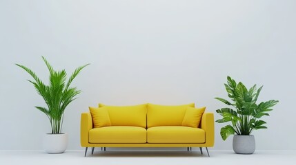 Fototapeta premium Bright yellow sofa with decorative plants in a minimalistic indoor setting.