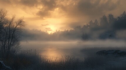 Obraz premium Misty Sunset Over a Tranquil Lake