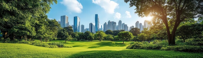 Obraz premium Green park with cityscape and lake in background