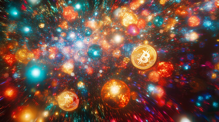 Abstract Art of Bitcoin and Ethereum Symbols with Holiday Lights