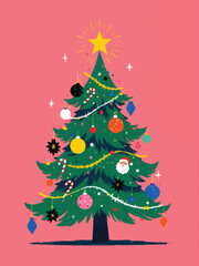 illustration christmas tree with christmas decorating, topped with a gold star, set against a fun pink background for a modern twist on a traditional holiday scene