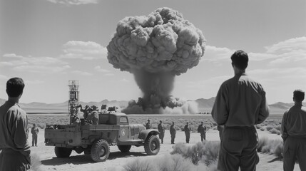Military personnel observing nuclear explosion during operation upshot knothole grable test