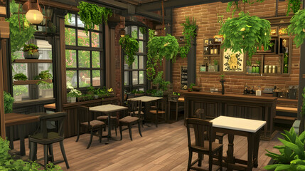 A cozy cafe with exposed brick walls, large windows, and lush greenery.