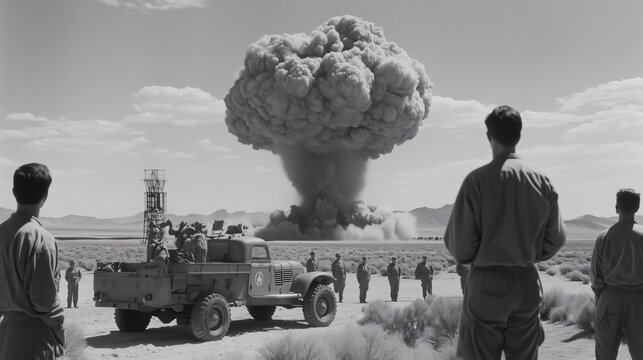 Military personnel observing nuclear explosion during operation upshot knothole grable test - Powered by Adobe