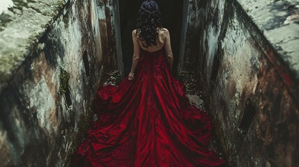 Naklejka premium A vampire bride in a blood-soaked gown emerging from a crypt on Halloween night captures the essence of gothic horror. Concept of fear