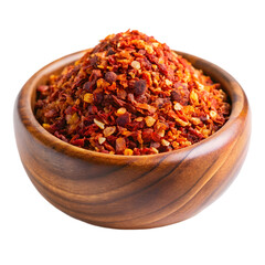 raw organic red pepper flakes in wooden bowl on transparent background