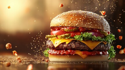 Fast food burger poster, burger design service promotion template. Burger flyer for restaurant menu, cafe, etc. Generative Ai.