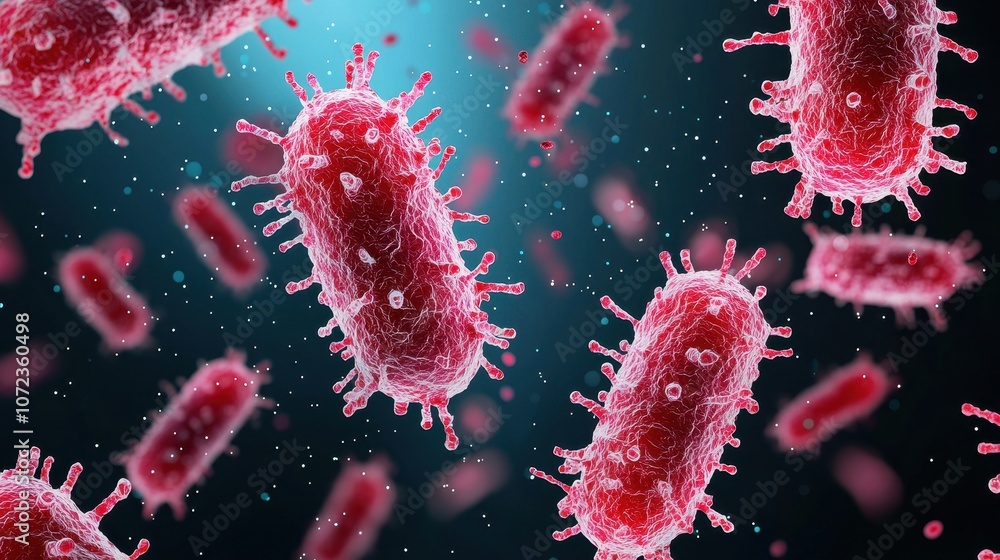 Poster high-detail illustration of colorful bacteria floating in a microscopic environment, showcasing thei