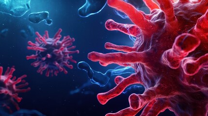 Detailed microscopic view of virus particles showcasing intricate structures, colors, and shapes against a dynamic background for educational and scientific purposes.