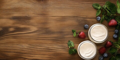 Two Jars of White Cream with Fresh Berries and Mint on Wooden Surface