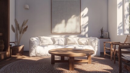 Fototapeta premium Cozy and modern living room interior with natural light and minimalist design.