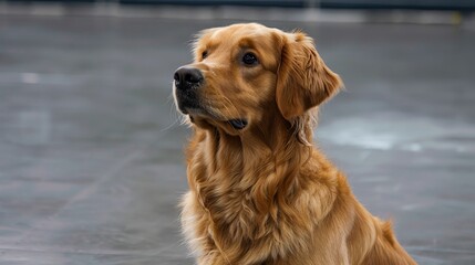 Obraz premium A golden retriever with a shiny coat sits attentively on a concrete floor, looking upwards with soft, soulful eyes, capturing a blend of calmness and curiosity.