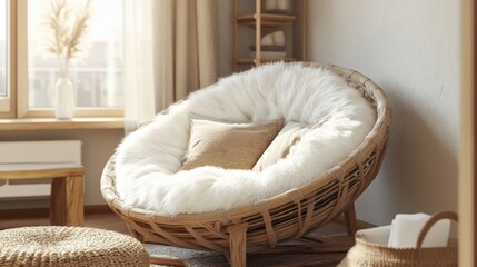 Cozy and stylish rattan chair with soft cushions in a modern living space.