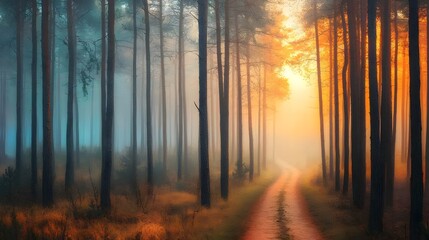 Fototapeta premium Sunlit Pathway in a Misty Pine Forest at Sunrise