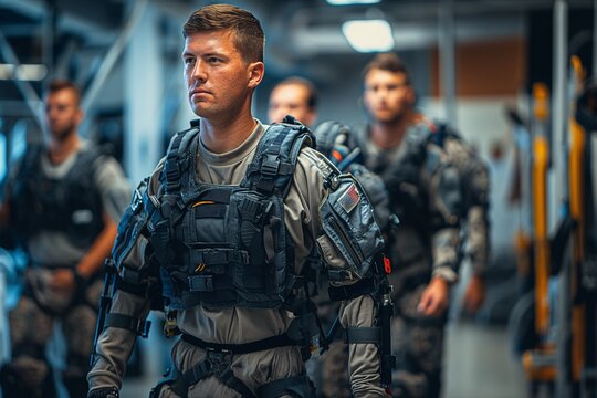 A group of military personnel dressed in tactical gear walks confidently through a gym, preparing for a training exercise. The focus is on their determination and teamwork