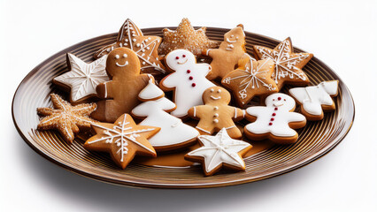 Plate filled with Christmas cookies, including gingerbread men, stars, and trees on a white background. PNG transparent.