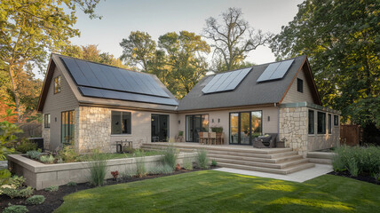 Modern Eco-Friendly House with Dual Solar Panel Roofs and Outdoor Living Area