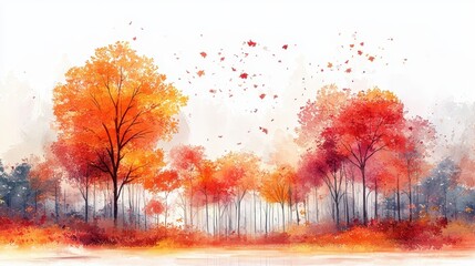 Watercolor landscape art with multicolored forest, surreal trees with colorful leaves, artistic vision of autumn.