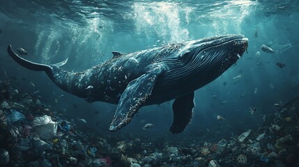 Fototapeta premium A whale swimming through a sea of garbage, showing the dangers of plastic pollution. Concept of marine conservation