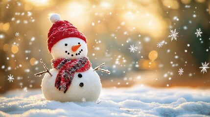 An adorable snowman with a red hat and scarf stands in a snowy winter wonderland watching falling snowflakes - festive Christmas scene