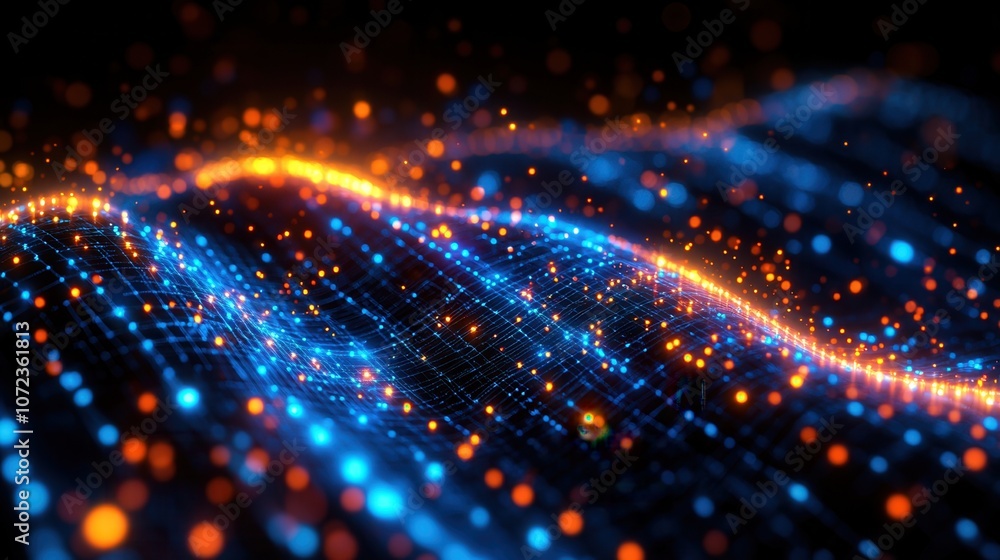 Poster dynamic digital waves with vibrant blue and orange lights creating a captivating visual experience.