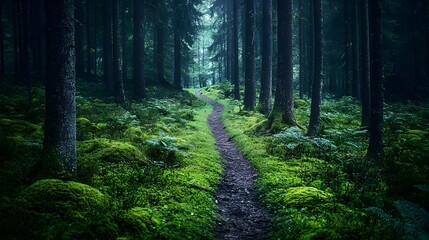 Fototapeta premium Pathway Through Lush, Mossy Forest in Twilight