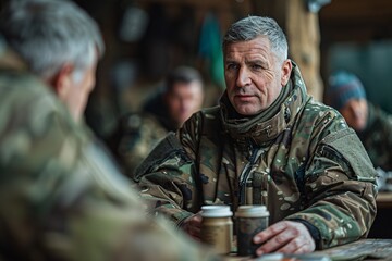 Two soldiers in camouflage gear engage in conversation at a table, sipping coffee. The setting is a rustic military camp, indicating cold weather conditions