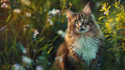 An elegant cat sits amidst colorful wildflowers, contrasting its lush fur with the greenery, creating a captivating scene of natural beauty and curiosity.