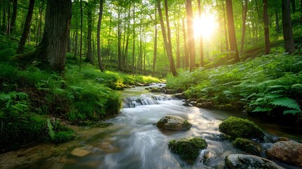 Obraz premium Bright Spring Forest with Sunlit Stream