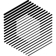 A hexagonal shape filled with parallel black diagonal lines of varying thickness, arranged at a consistent 45-degree angle against a white background. 