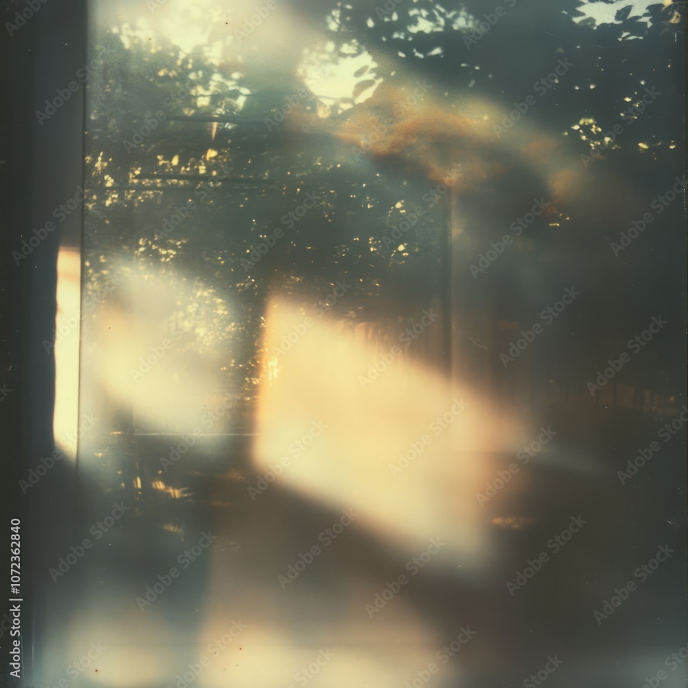 Poster sunbeams filtering through a window with a blurred view of foliage