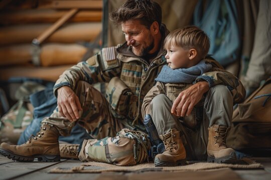 A soldier sits beside his young son at a camp, engaging in a warm conversation while surrounded by gear. The atmosphere captures a sense of bonding and care in a rustic environment
