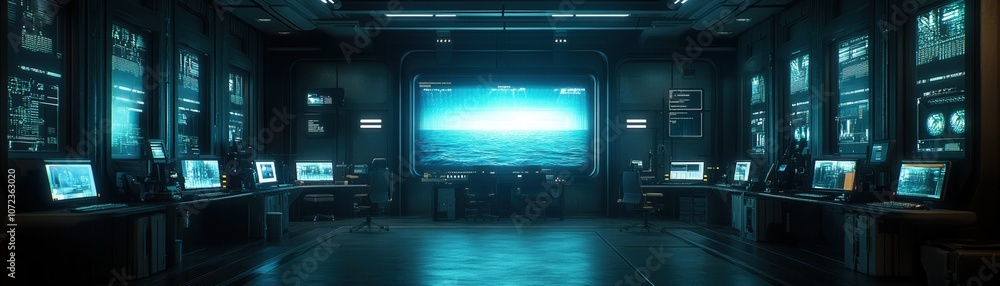 Poster futuristic control room with advanced monitors and screens displaying data, perfect for tech enthusi