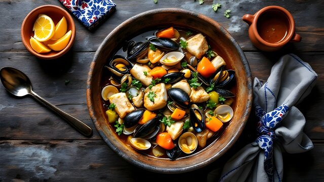Paila Marina Chilean Seafood Stew in Rustic Bowl (Chilean Cuisine)