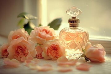 Elegant perfume bottle and pink roses on a soft background