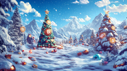 Festive Snowy Landscape with Bitcoin and Ethereum Decorations