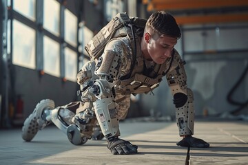 A soldier equipped with a cutting-edge exoskeleton suit is doing push-ups inside a training facility, showcasing enhanced strength and agility. The environment is industrial and well-lit