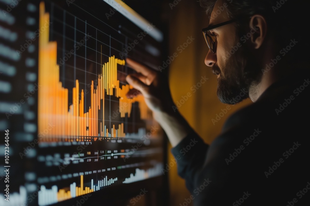 Poster data analysis with graphs and charts, man interacting with digital display