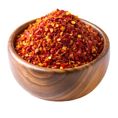 raw organic red pepper flakes in wooden bowl on transparent background