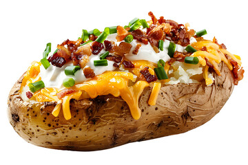 loaded baked potato with cheese topping isolated on a transparent background